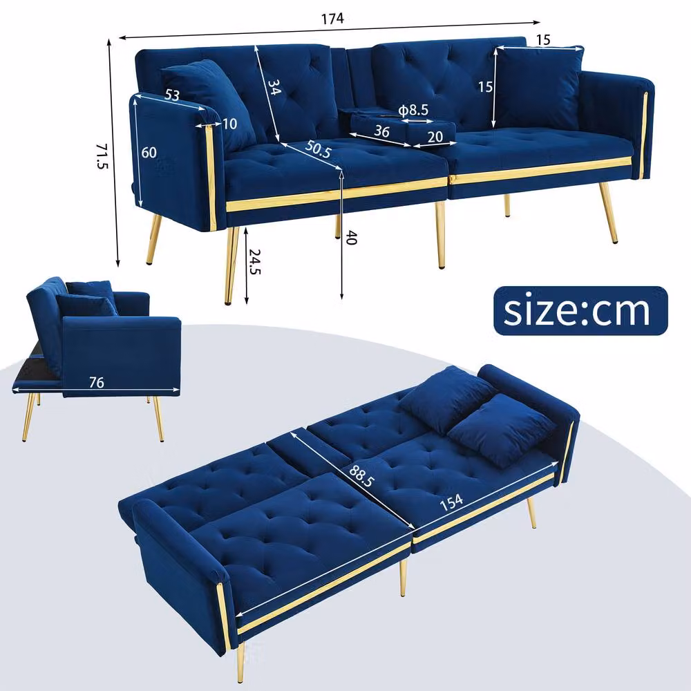 Merax Blue Velvet Sofa Bed with Gold Trim and Fold-Down Cup Holders, W: 174 cm, H: 76 cm, D: 71.5 cm – 2