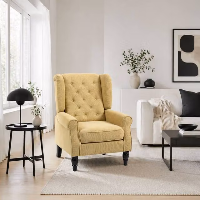 Wyld Haus Luyo Retro Wingback Accent Armchair in Yellow Fabric, H: 102 cm, W: 86 cm, D: 74 cm