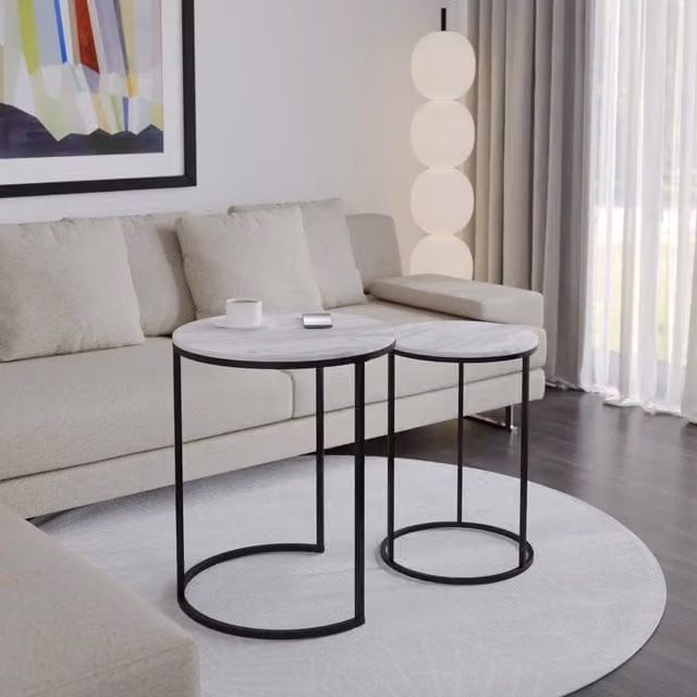 EONLION Set of 2 Round Nesting Side Tables with Wood Tops and White Metal Legs – 1