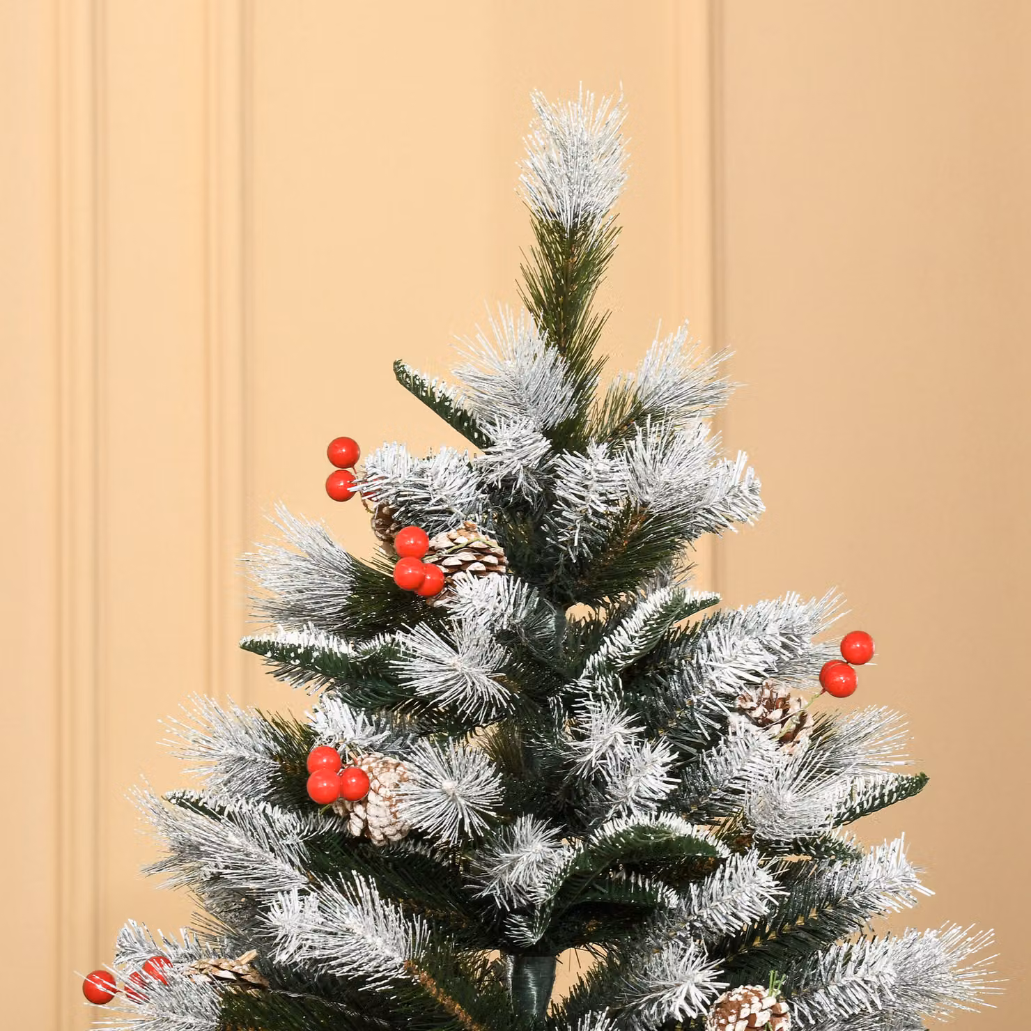 HOMCOM 6ft Artificial Snow Dipped Christmas Pencil Tree with Red Berries and White Pinecones, Green – 6