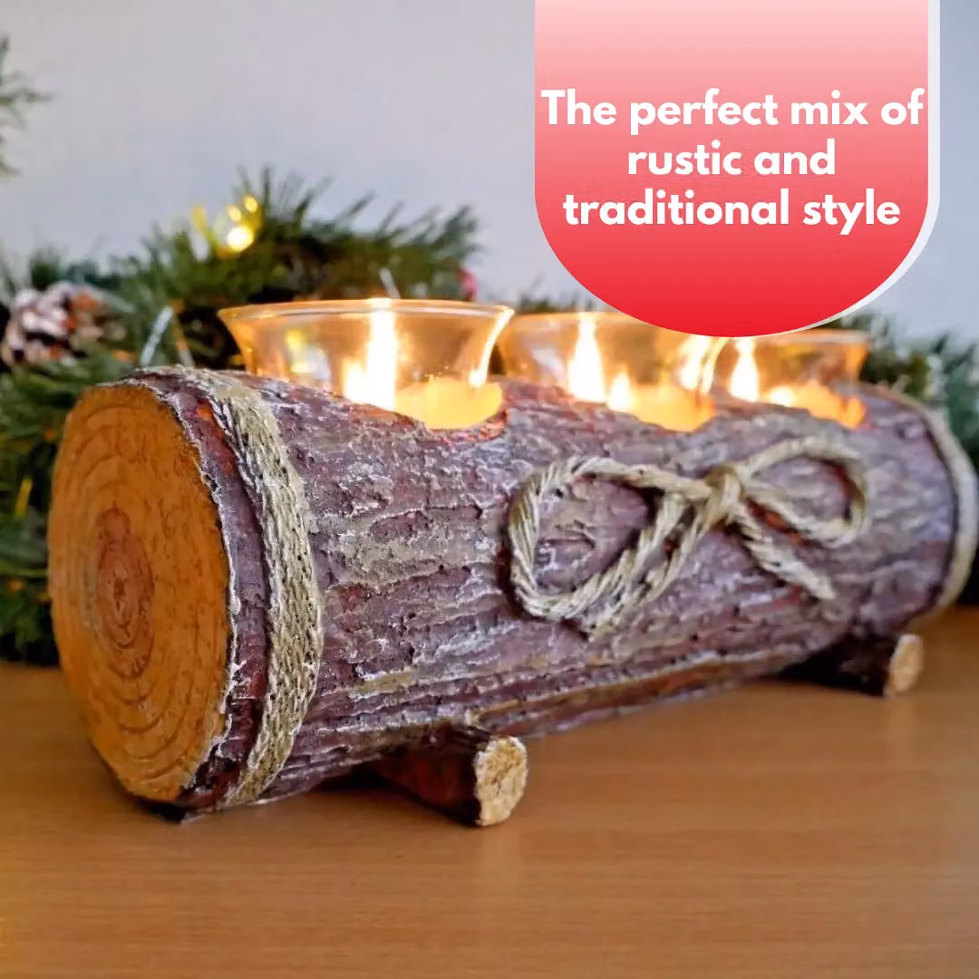Marco Paul Rustic Christmas Log Candle Holder with 3 Glass Tealight Holders in Brown – 6
