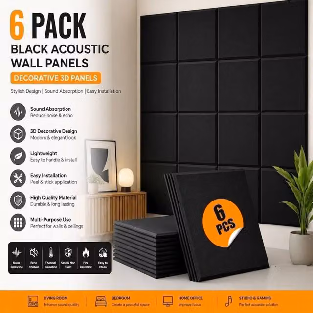 ATEK 6 Pack Black Self Adhesive Sound Proofing Wall Panels, Acoustic Insulation Absorbing Felt Panels, W/D/H: 30 x 30 x 30 cm