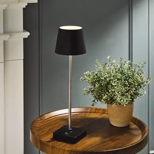 mysmartbuy Modern Portable Cordless LED Table Lamp with Black Fabric Shade and Silver Stand, Warm White, H36 x 10.5 cm Diameter – 1