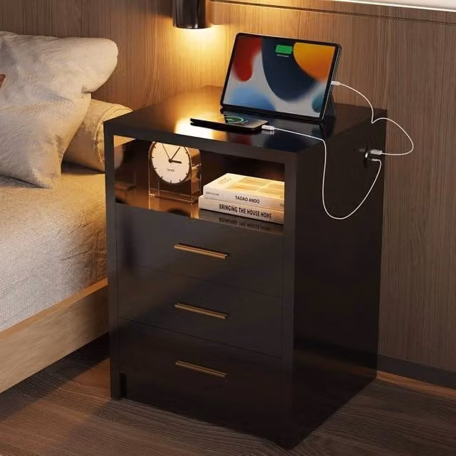 FORGEVIO Modern Black 3-Drawer Bedside Table with Integrated Lighting – 1