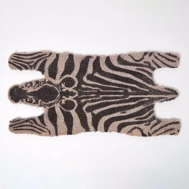 Homescapes Zebra Shaped Coir Non-Slip Animal Print Doormat, Black and White, W/D/H: 75.0 x 75.0 x 1.8 cm