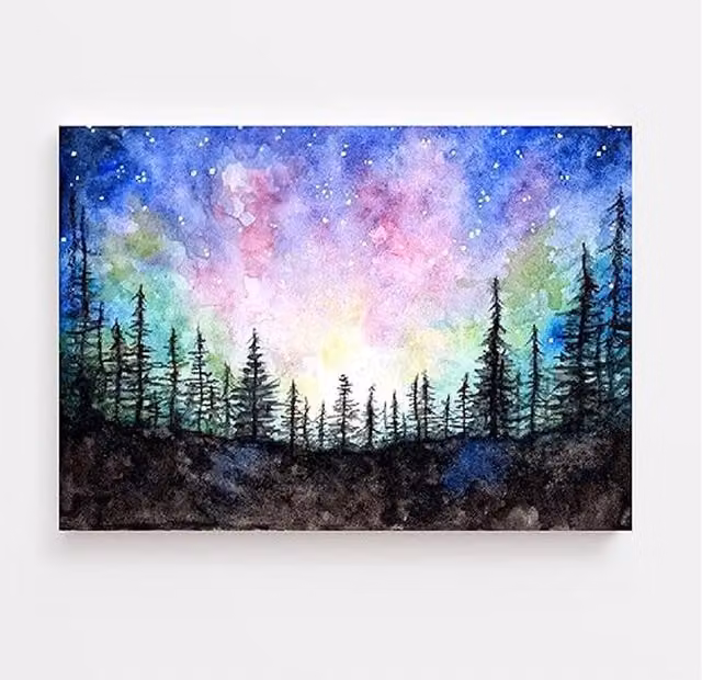 BebesArts Northern Lights Abstract Watercolour Canvas Print in Blue and Multicolour, W: 60.96 cm, H: 60.96 cm, D: 1.0 cm