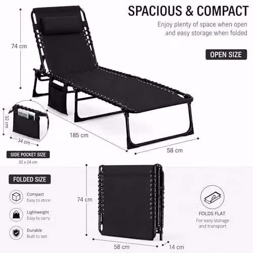 SHATCHI Black Folding Sun Lounger with 5-Position Adjustable Headrest and Textilene Fabric, W/D/H: 185 x 120 x 58 cm – 3