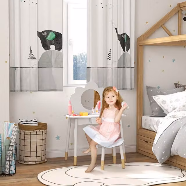 AIYAPLAY Kids Dressing Table with Mirror, Stool and Drawer in White Cloud Design