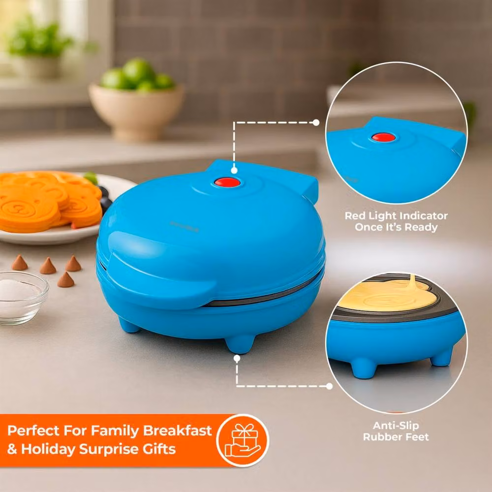 Kelvenix Teddy Bear Mini Waffle Maker, 550W, Non-Stick, Blue – 3