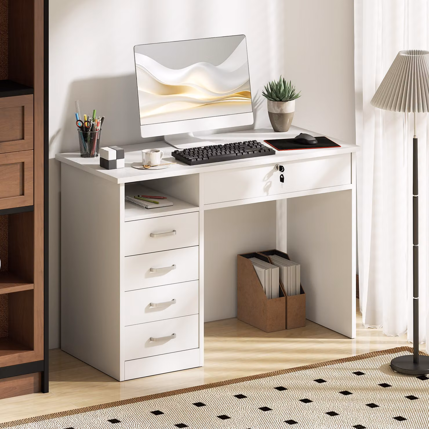 HOMCOM Modern White Computer Desk with Lockable Drawer and Storage Shelf, W/D/H: 110 x 50 x 76 cm – 2