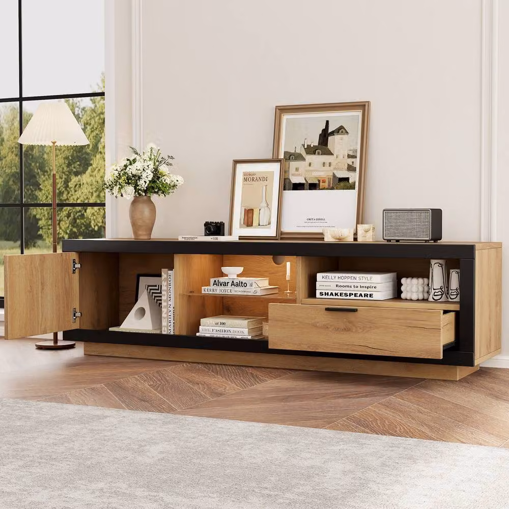 BTM Modern LED TV Stand with Drawer, Door and Open Shelves in Brown and Black, W/D/H: 160 x 40 x 50 cm – 2