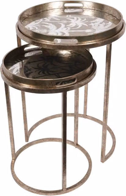 Libra Interiors Palm Tree Set of 2 Gold Metal and Glass Square Side Tray Tables W/D/H: 48 x 48 x 69 cm and 48 x 48 x 48 cm