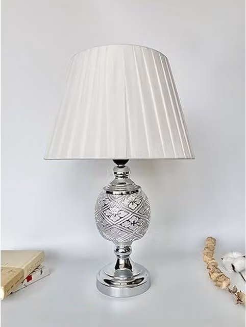 DEENZ Silver Ornate Table Lamp with Ceramic and Metal Base and White Fabric Shade