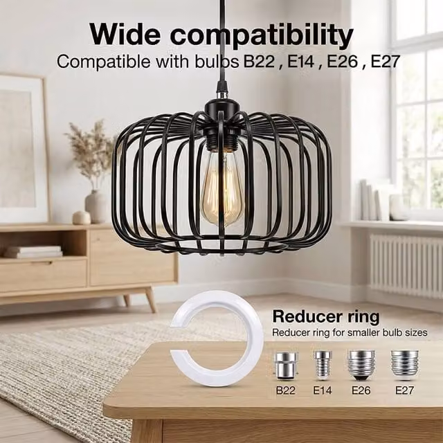 EONLION Industrial Metal Cylinder Ceiling Pendant Light Shade, Black, H: 28.5 cm, W: 18.0 cm, D: 18.0 cm – 1