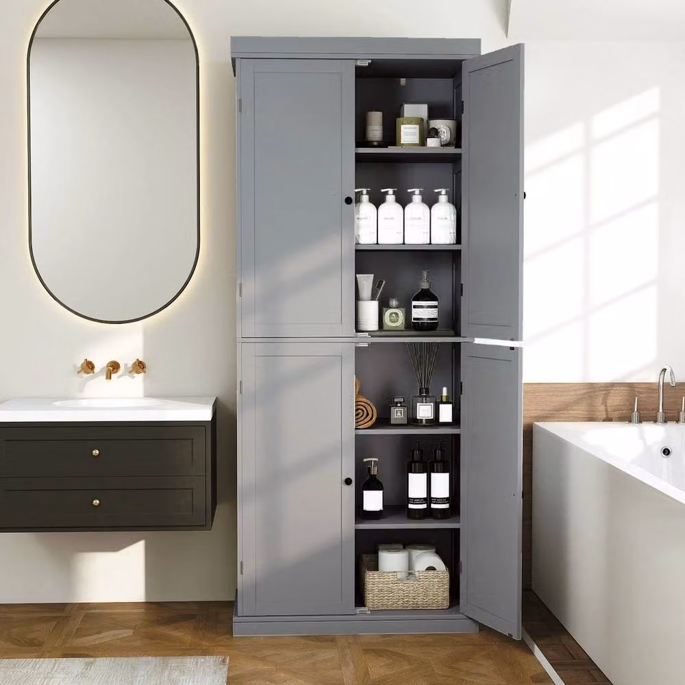 KORVIXA Grey Tall Buffet Cabinet with Hinged Doors and Internal Shelves, H 184 cm x W 100 cm x D 100 cm – 3