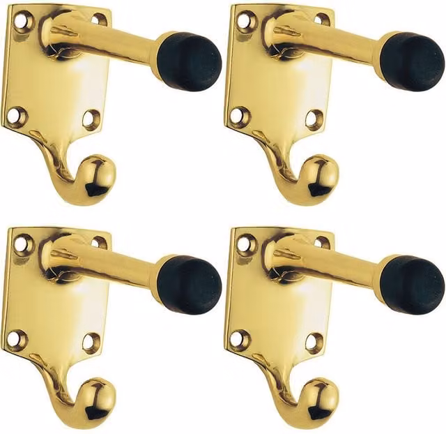 Loops 4x One Piece Hat and Coat Hook with Rubber Buffer in Polished Brass, Projection: 8.8 cm – 1