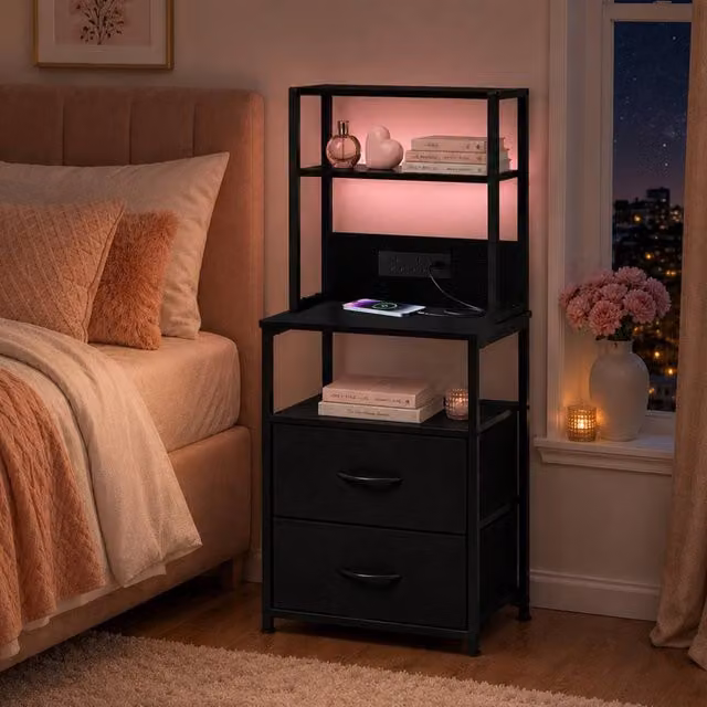 Levede Modern Black Bedside Table with Integrated LED Lighting and Charging Station – 1