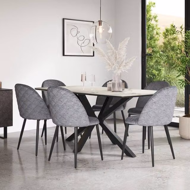 More4Homes Juno Calcutta Gold Ceramic Rectangular Dining Table and 8 Raye Grey Velvet Chairs