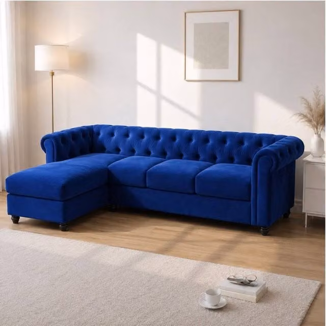Sofaya Hampton 4 Seater L Shape Chesterfield Sofa in Blue Velvet with Left Hand Chaise