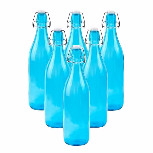 Simpa Set of 6 Blue Glass Bottles with Swing Top Lids, 1 l each