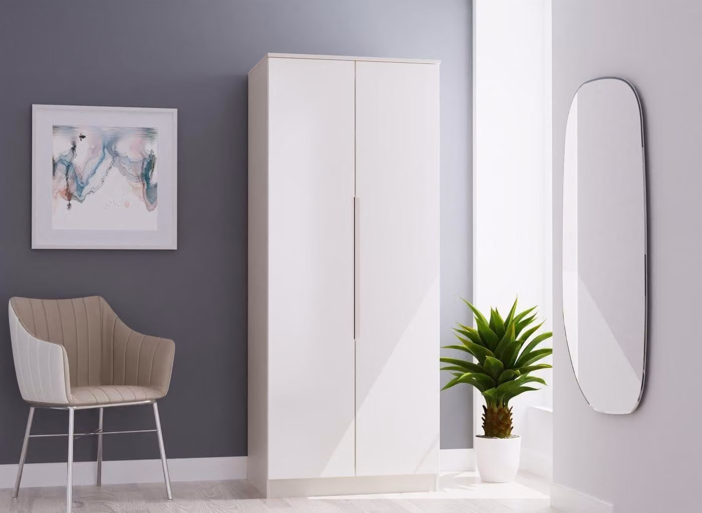 Houston 2-Door Modern Glossy White Wardrobe with Internal Shelves and Hanging Rod