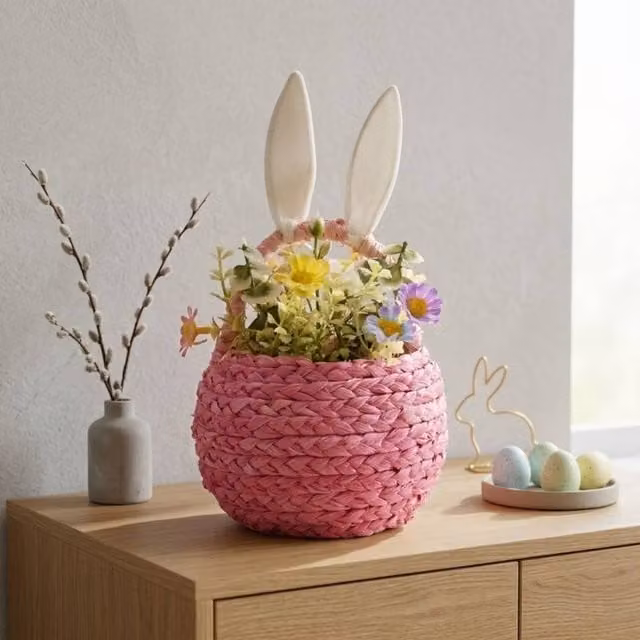 Garden Greatness Pink and Multicolour Peony Faux Flower Easter Bunny Basket