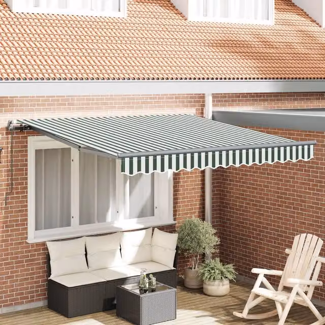 Berkfield Home Manual Retractable Wall-Mounted Folding Arm Awning, Green and White Striped, W: 300 cm, D: 250 cm
