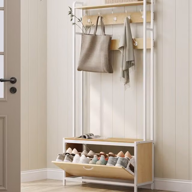 VASAGLE Multifunctional Industrial Coat Rack with Shoe Storage Bench in Yellow