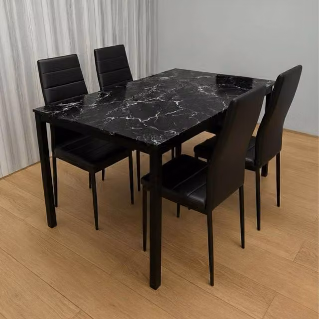 KOSY KOALA Black Marble Effect Dining Table Set with 4 Black Faux Leather Chairs, W/D/H: 120 x 77 x 75 cm