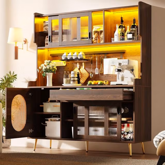 Aosom UK Country Style Sideboard with App-Controlled LED Light Strip, Brown, W: 145 cm, D: 39 cm, H: 171 cm