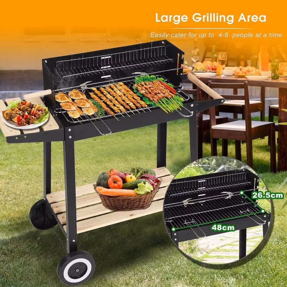 NESTLUNE Black Charcoal BBQ Grill with Stainless Steel and Wood Cart, W: 100 cm, D: 15 cm, H: 15 cm – 2