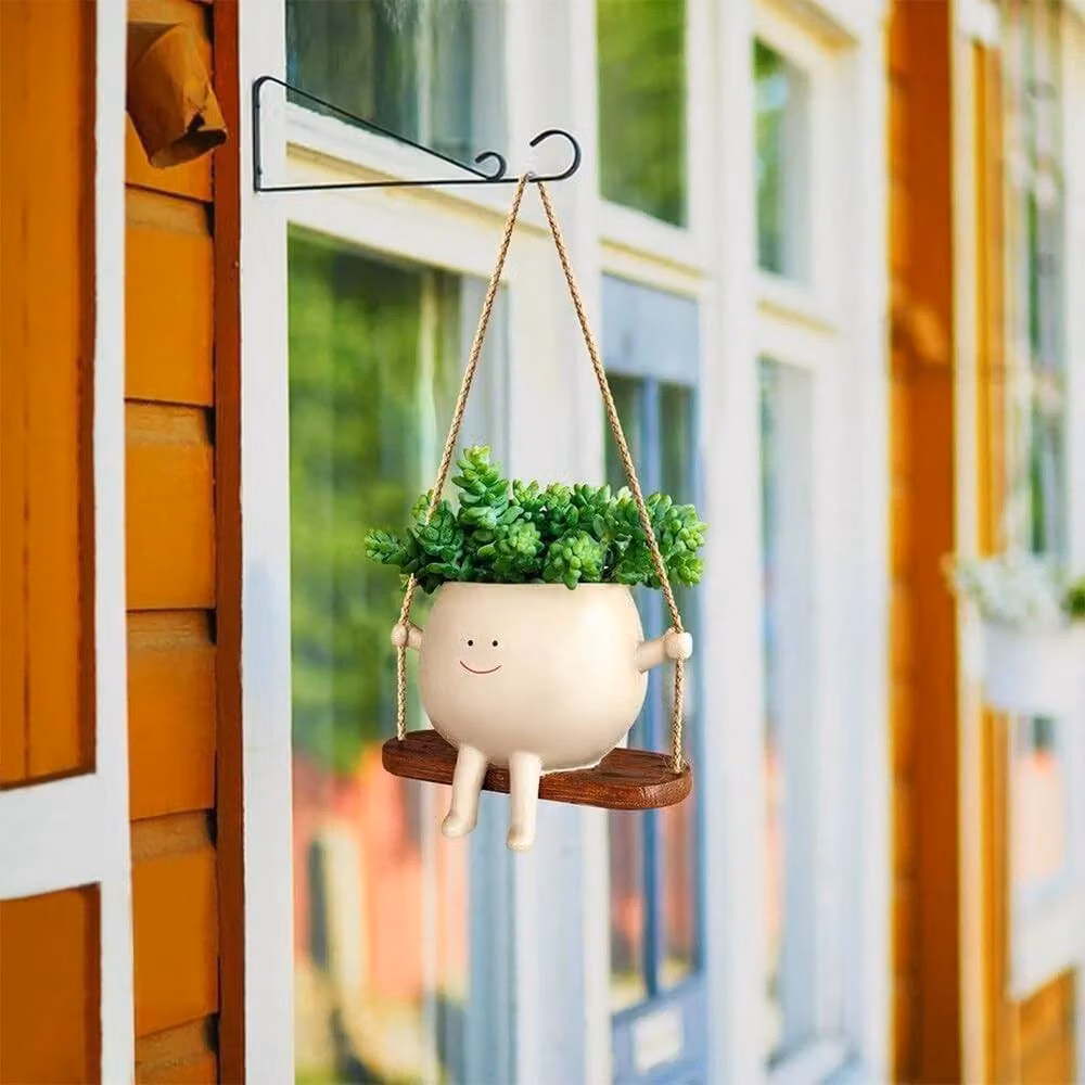 EONLION Hanging Resin Swing Face Planter Pot for Succulents in Beige – 2