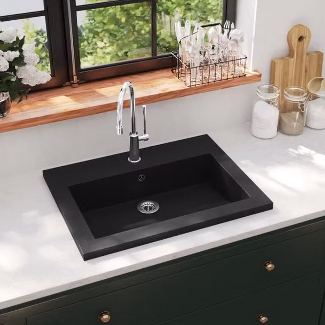 Berkfield Home Granite Composite Rectangular Basin in Black, W/D/H: 60 x 45 x 12 cm – 1