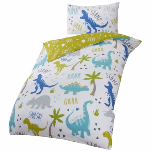 Rapport Home Roarsome Dinosaur Reversible Polycotton Duvet Cover and Pillowcase Set for Children in Multicolour, W/H: 135 x 200 cm, Pillowcase: 50 x 75 cm