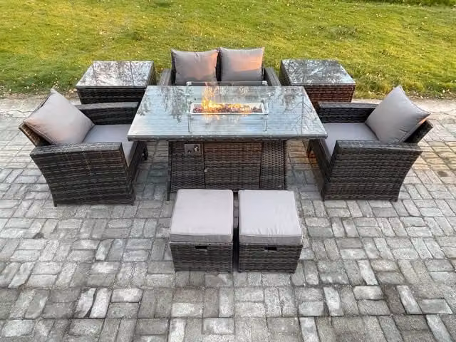Fimous 6 Seater Rattan Outdoor Garden Dining Set with Gas Firepit Table and 2 Small Footstools in Dark Grey