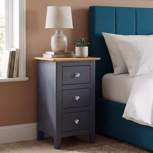 Taberno Pair of 2 Three Drawer Bedside Tables with Oak Effect Top in Graphite Blue