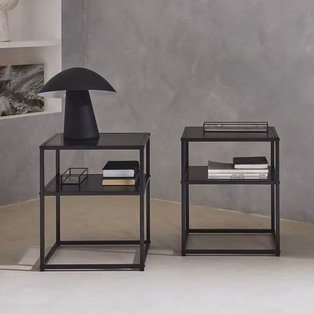 sweeek Pair of Black Metal and Glass Industrial Bedside Tables with Shelves, W/D/H: 40 x 40 x 52 cm – 1
