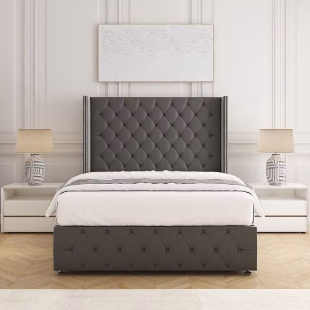 BSSPOKE Mayfair Plush Velvet Divan Bed with 54 inch Headboard and Mattress in Grey, Super King Size (W/D/H: 200 x 200 cm)