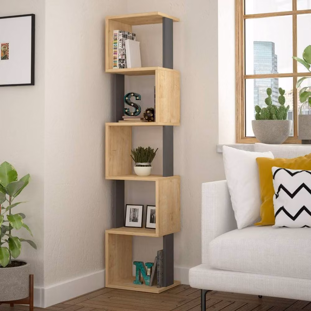 CALICOSY Piri Corner Shelf with 5 Shelves, Oak Brown, Width: 35 cm, Height: 161 cm – 2