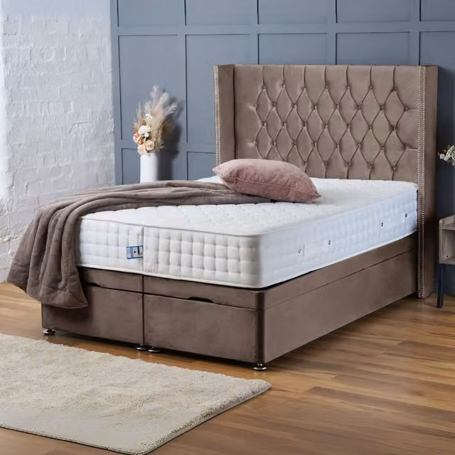 BSSPOKE Olivia Ottoman Divan Bed in Taupe Plush Velvet with 54 inch Headboard, W/D/H: 180 x 200 cm