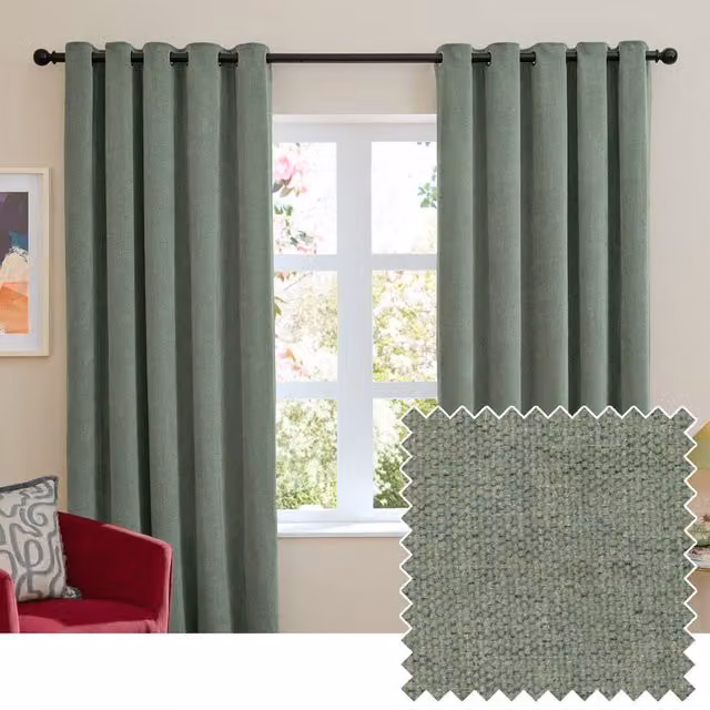 Furn Green Chenille Blackout Eyelet Curtain Pair, Width: 168 cm, Drop: 183 cm