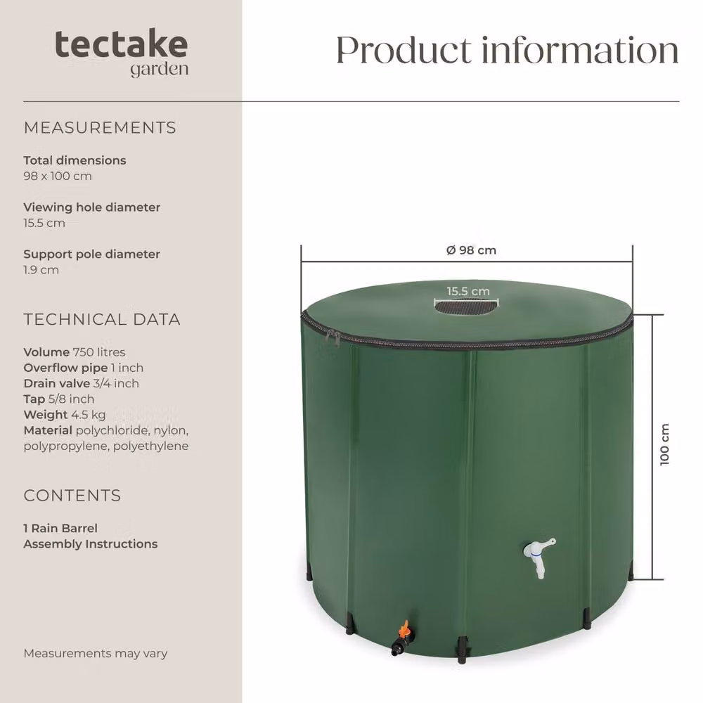 tectake Green Rain Barrel with Tap and Overflow Protection, 750 l – 4