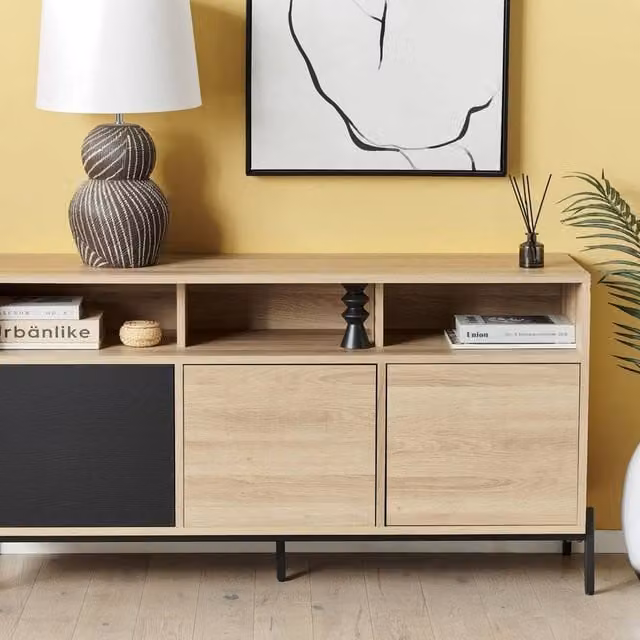 Wyld and Coco Three-Door Modern Sideboard in Brown and Grey MDF with Metal Details, W/D/H: 140 x 76 x 40 cm – 1