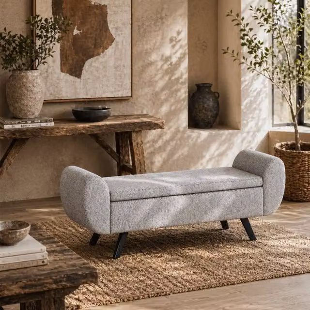 Wyld Haus Nesama Linen Effect Light Grey Upholstered Storage Bench with Armrests
