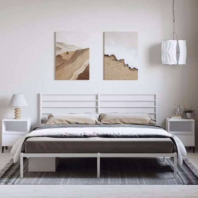 Berkfield Home Metal Bed Frame with Headboard in White, W/D/H: 193 x 198 x 90 cm