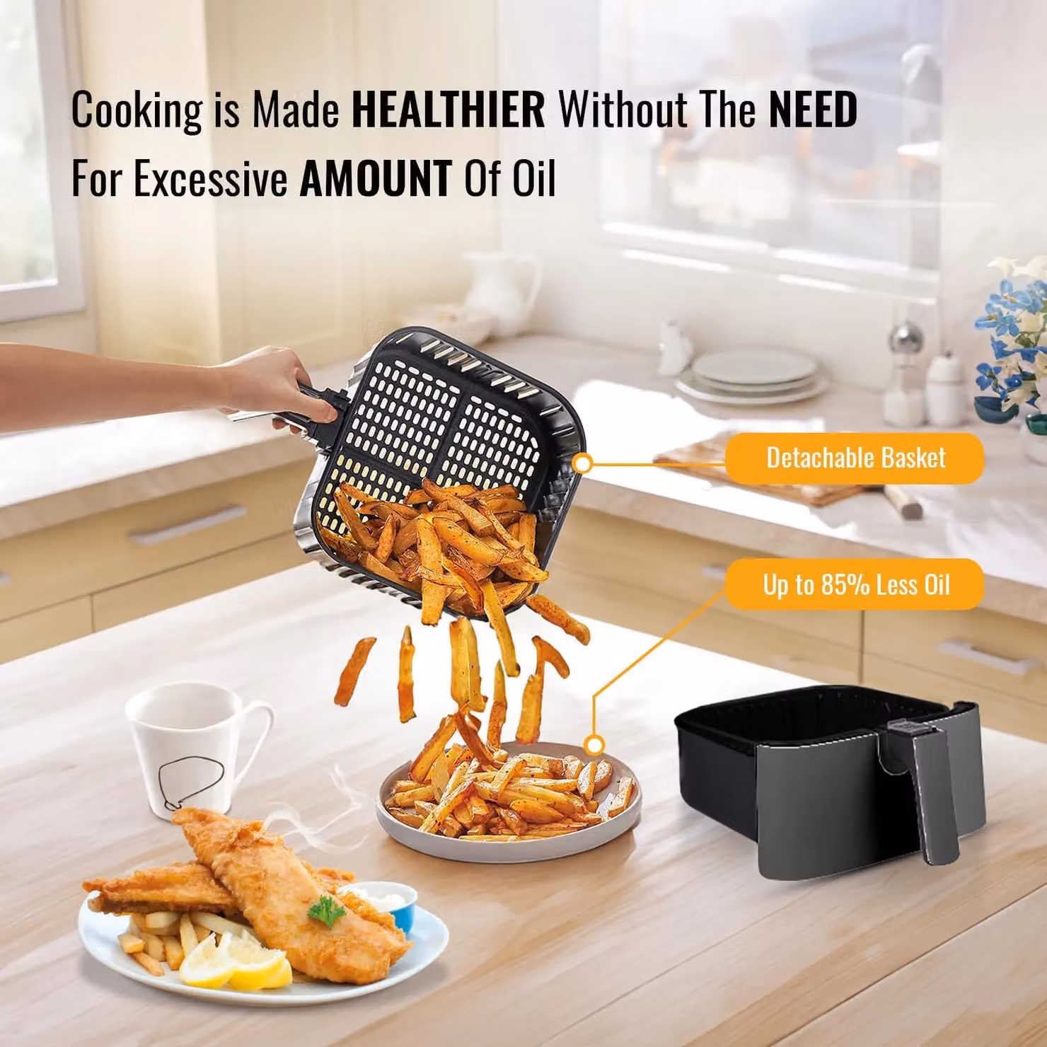 PureMate 5.5L Digital Air Fryer in Black with LED Display, Timer and Dishwasher Safe Parts – 7