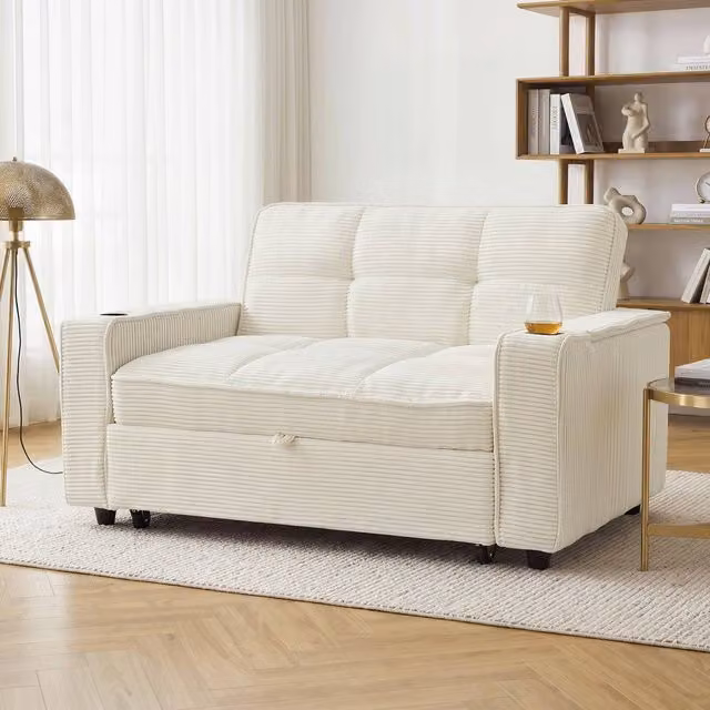 Merax 2 Seater Corduroy Convertible Pull Out Sofa Bed with LED Lighting, Cup Holders and Storage in Beige (W/D/H: 120 x 76 x 85 cm)