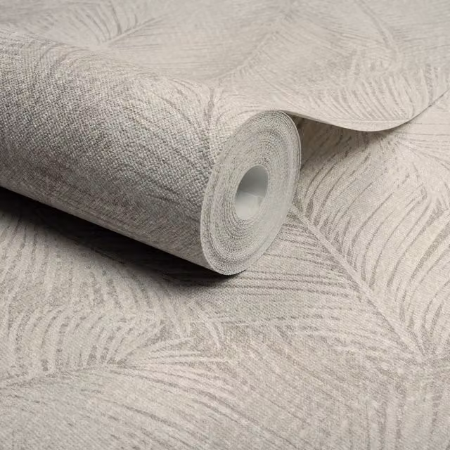 Grandeco Floating Leaf Feather Textured Botanical Wallpaper in Beige, Green and Brown