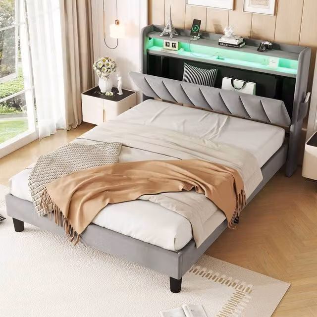Merax Double Upholstered Velvet Bed in Grey with Storage Headboard, LED Lighting and USB Charging Ports, W/D/H: 135 x 190 x 107 cm