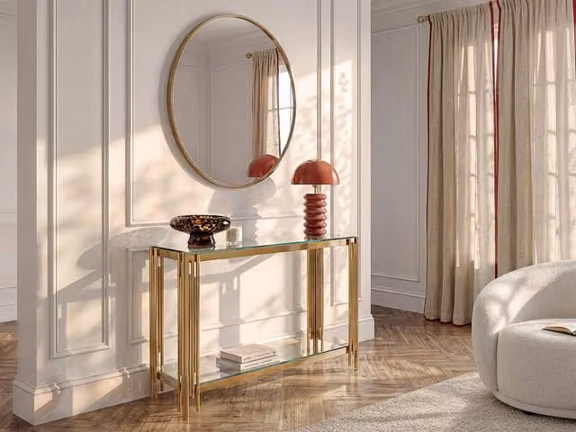 Vente-unique 1 Shelf Side Table in Gold with Tempered Glass and Stainless Steel, W/D/H: 43.5 x 43.5 x 78.0 cm